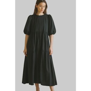 Aritzia Wilfred Rengo Puff Sleeve Tiered Black Cotton Midi Dress Medium $168